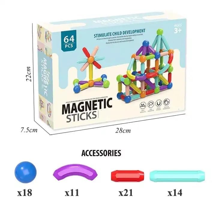 64 Pcs Magnetic Bar Blocks Colorful Magnetic Sticks and Balls Sets