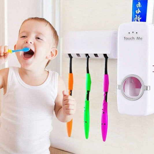 Automatic Toothpaste Dispenser Set with Toothbrush Holder and 5 Brush Holders for a Mess-Free Bathroom Experience - BD Drop